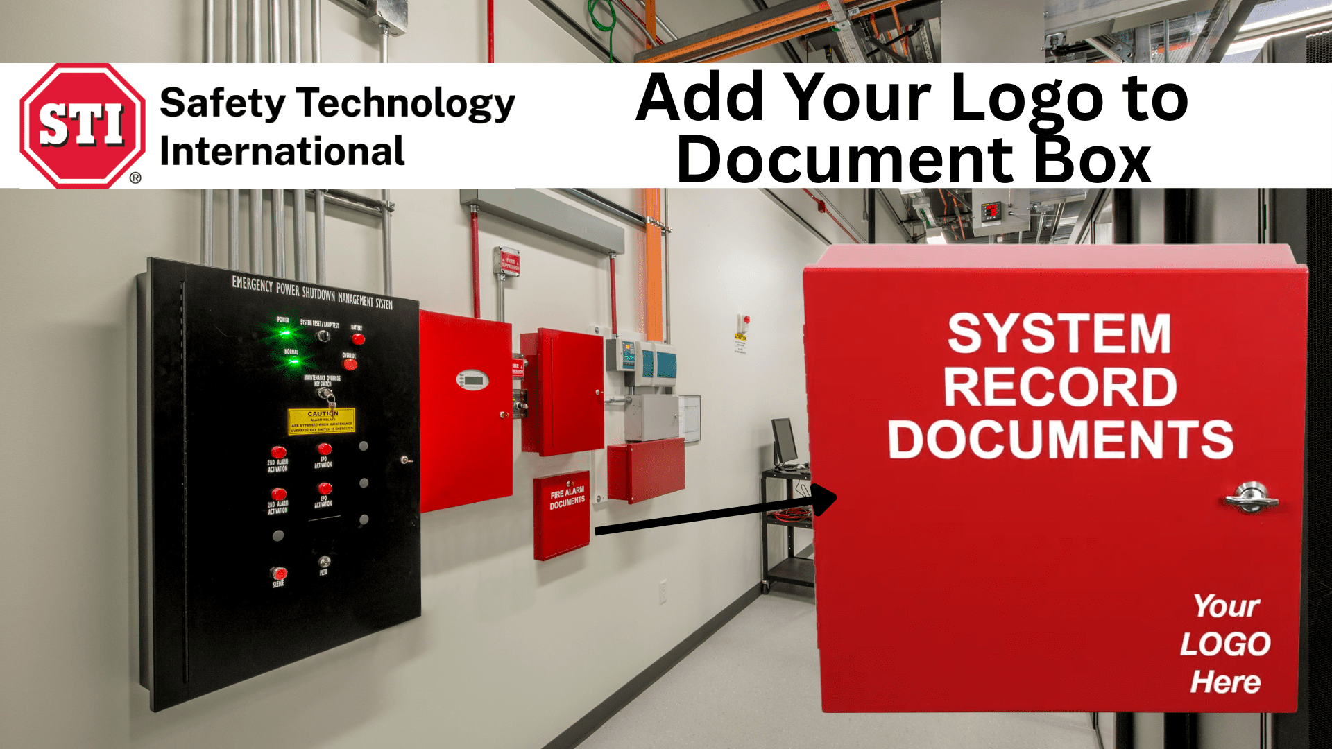 STI Doc Box Customizable STI Doc Box with space for fire alarm company logo