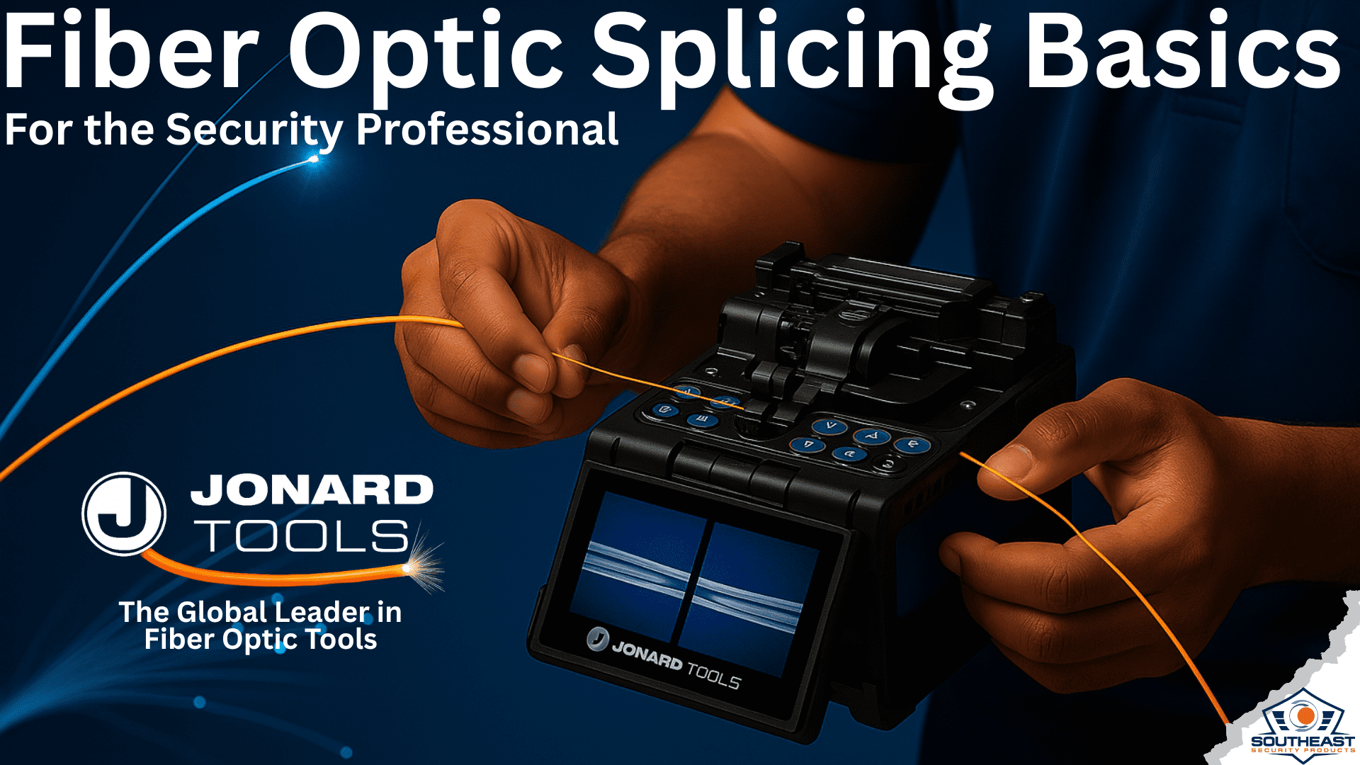 A technician demonstrates fiber optic splicing basics using a Jonard Tools fusion splicer, with glowing blue fiber optic cable emitting light during the splicing process.