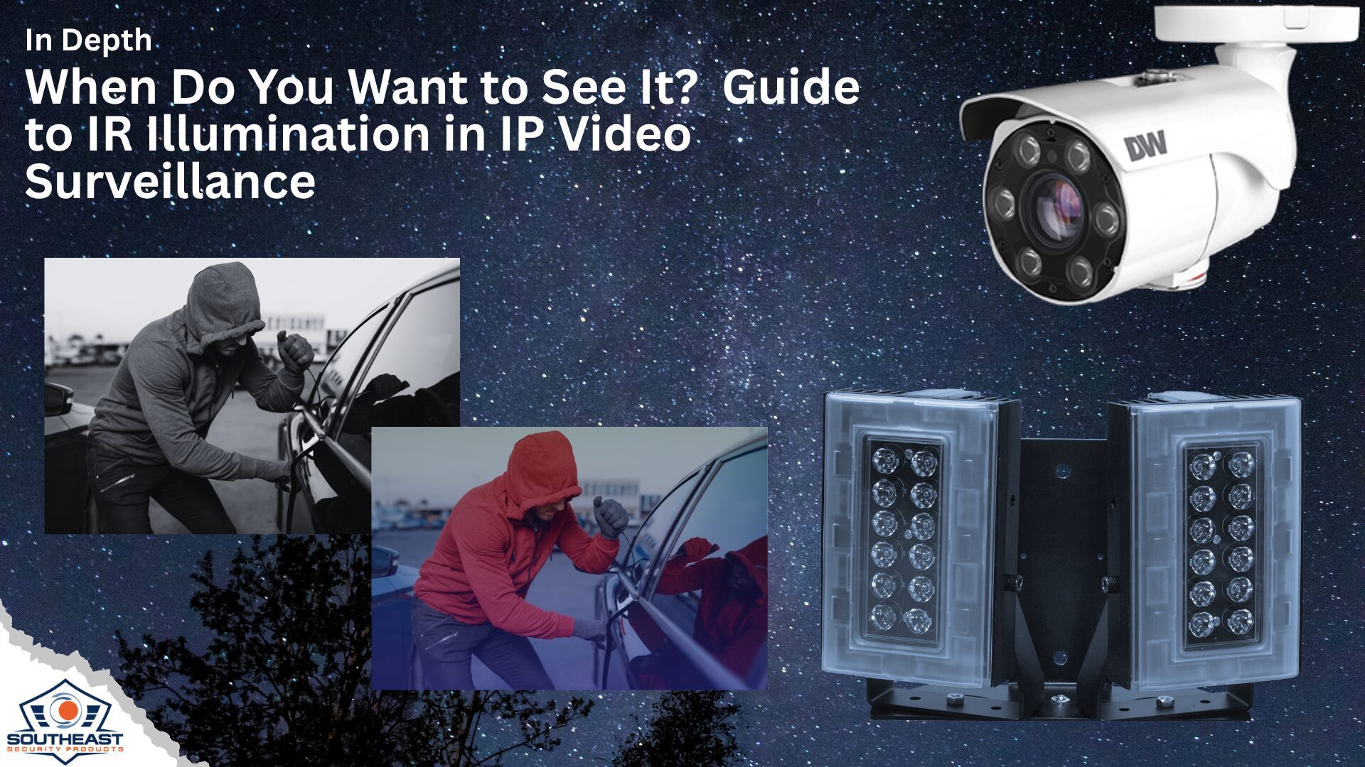 When Do You Want to See It? Guide to IR Illumination in IP Video Surveillance IR illumination guide for IP video surveillance showing night security camera, external IR illuminators, and thief at vehicle