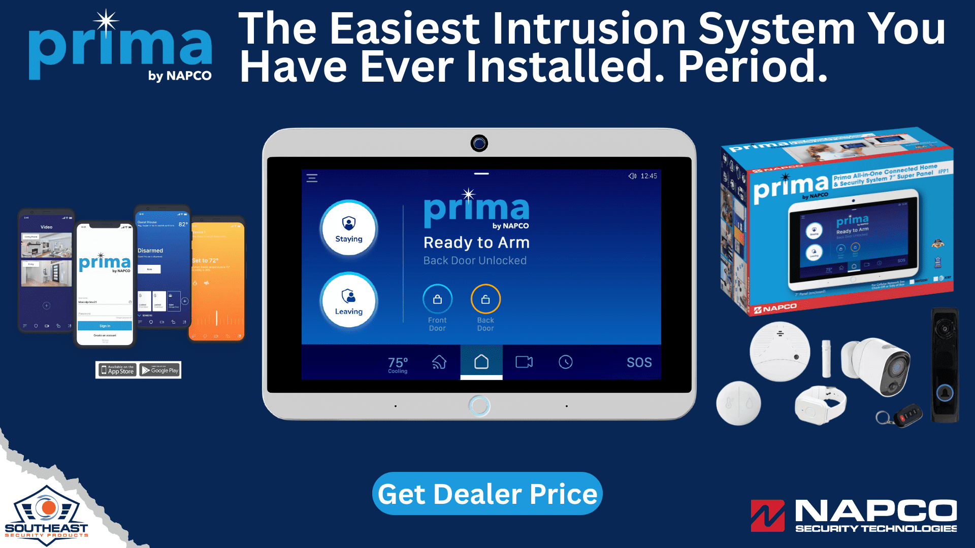 Prima Smart Home Super Panel by Napco – Complete Security in One System Prima Smart Home Super Panel smart security system with mobile app, panel, accessories, and dealer pricing
